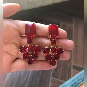 Vintage Large Red Glass Rhinestone Clip On Earrings, Glam!